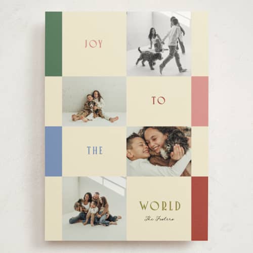 This is a punch holiday photo cards with standard by Pixel and Hank called joy collage printing on signature in grand