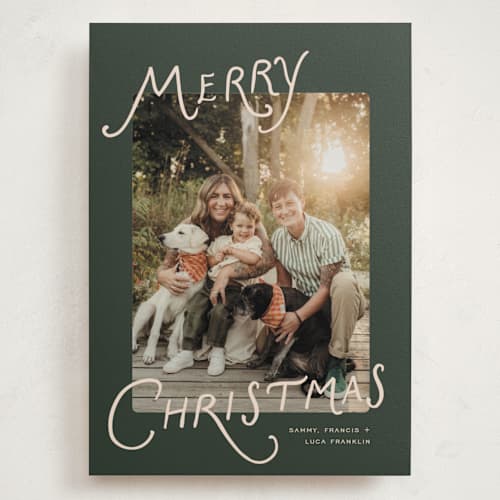 This is a pine holiday photo cards with standard by Pixel and Hank called tidings printing on signature in grand