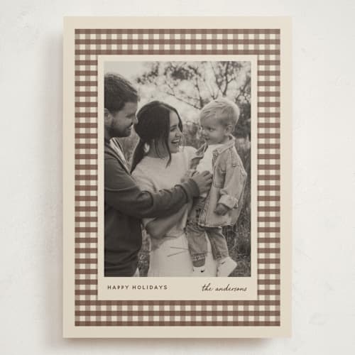 This is a chocolate holiday photo cards with standard by Stacey Meacham called cute gingham mat printing on signature in grand