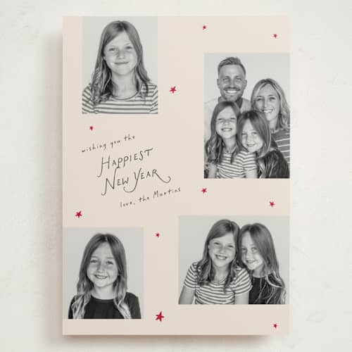 This is a champagne holiday photo cards with standard by Ilene Guy called starry year printing on signature in grand