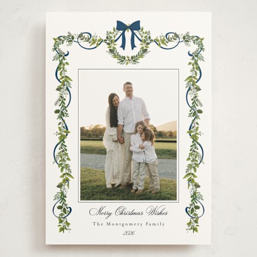 This is a winter berry holiday photo cards with standard by Susan Moyal called bows & ribbon printing on signature in grand