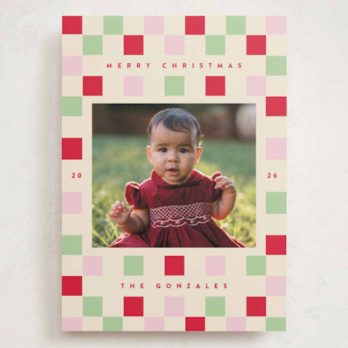 This is a cranberry holiday photo cards with standard by Katie Zimpel called happy checkers printing on signature in grand