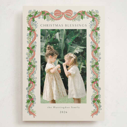 This is a coral holiday photo cards with standard by Chris Griffith called holiday garland frame printing on signature in grand