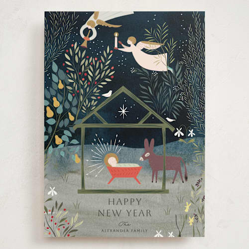 This is a renaissance holiday photo cards with standard by Eve Schultz called nativity garden printing on signature in grand