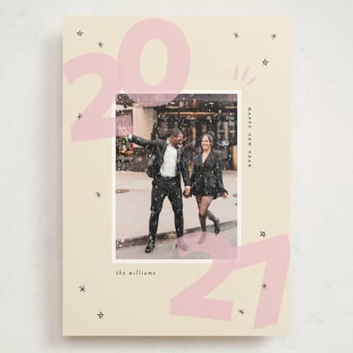 This is a blush holiday photo cards with standard by Ashley Iwafuchi called bold beginning printing on signature in grand