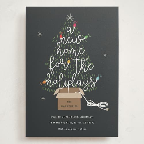 This is a charcoal holiday photo cards with standard by Corinne Malesic called twinkling new home printing on signature in grand