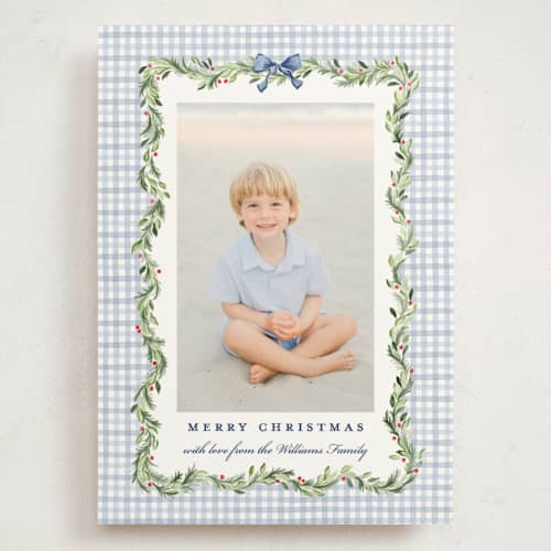 This is a chambray holiday photo cards with standard by Sarah Knight called gingham garland printing on signature in grand