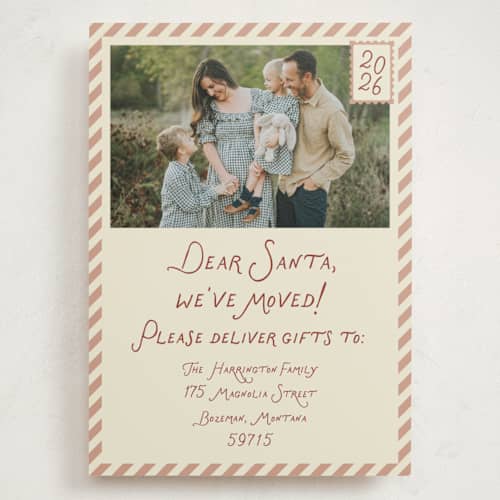 This is a toffee holiday photo cards with standard by Rebecca Dymon called dear santa, we've moved! printing on signature in grand