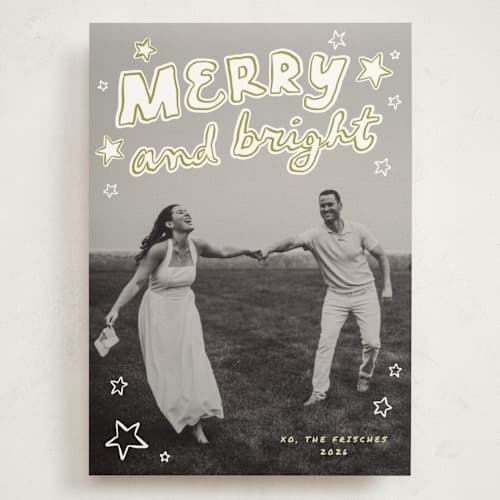 This is a chartreuse holiday photo cards with standard by Everett Paper Goods called casual written printing on signature in grand