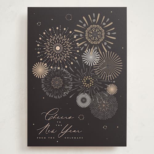 This is a midnight holiday photo cards with standard by Kamala Nahas called fancy fireworks printing on signature in grand