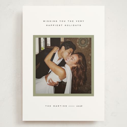 This is a sage holiday photo cards with standard by JoAnn Jinks called minimal border printing on signature in grand