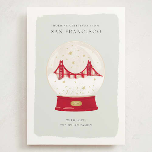 This is a juniper holiday photo cards with standard by Laura Bercovich called golden gate globe printing on signature in grand
