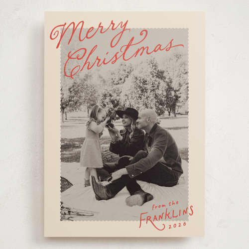 This is a santa suit holiday photo cards with standard by Everett Paper Goods called icing printing on signature in grand