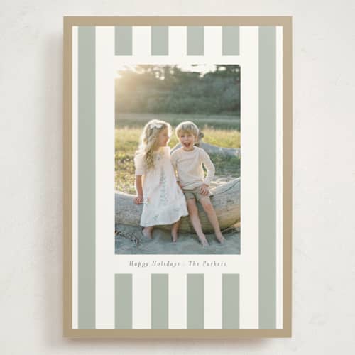 This is a sage holiday photo cards with standard by Angela Thompson called linen stripes printing on signature in grand