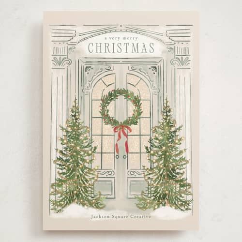 This is a ivory holiday photo cards with standard by Petra Kern called open the door printing on signature in grand