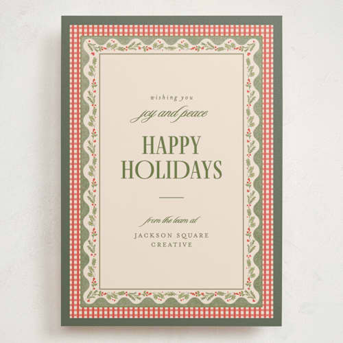 This is a santa suit holiday photo cards with standard by Creo Study called festive heritage printing on signature in grand
