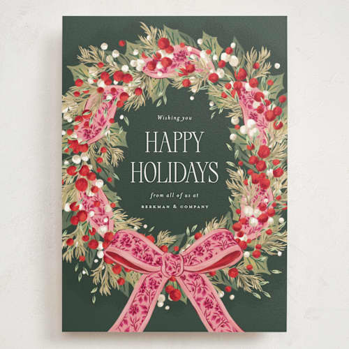 This is a flamingo holiday photo cards with standard by Jackie Crawford called festive woven ribbon wreath printing on signature in grand
