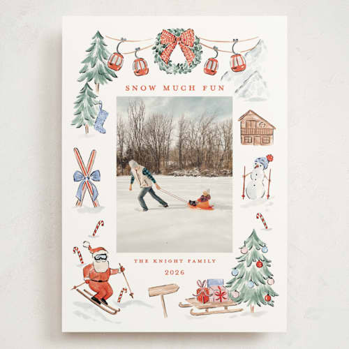 This is a santa suit holiday photo cards with standard by Sarah Knight called snow much fun printing on signature in grand