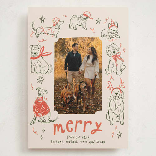 This is a cranberry holiday photo cards with standard by Vera Lim called doggy merry printing on signature in grand