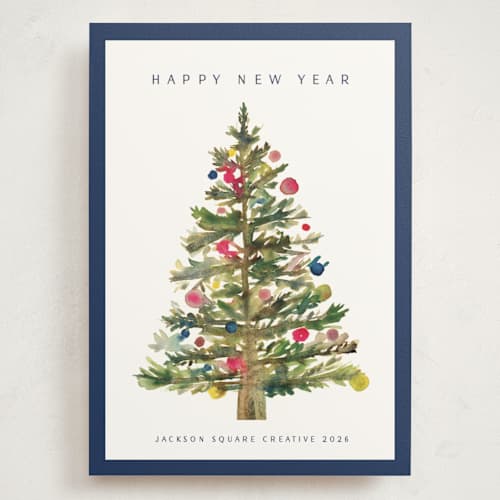 This is a navy holiday photo cards with standard by Nicole Walsh called watercolor tree printing on signature in grand
