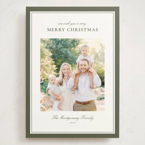 This is a pine holiday photo cards with standard by Wildfield Paper Co called celadon printing on signature in grand