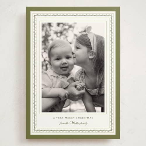 This is a sage holiday photo cards with standard by Sara Hicks Malone called fair isle printing on signature in grand