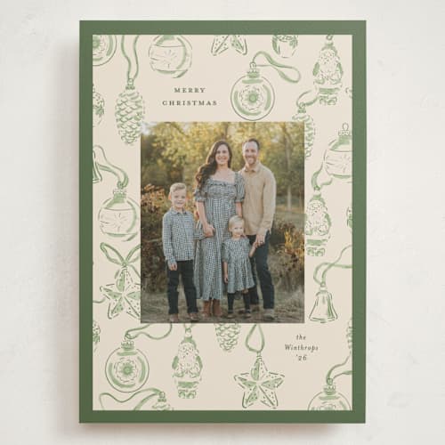 This is a pine holiday photo cards with standard by Corinne Malesic called ornament collection printing on signature in grand