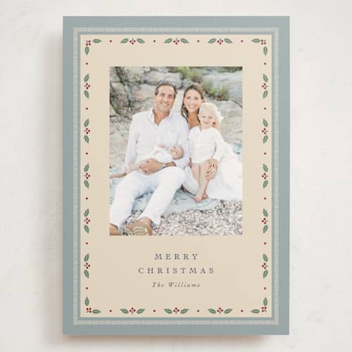 This is a wintermint holiday photo cards with standard by Robert and Stella called dainty holly printing on signature in grand