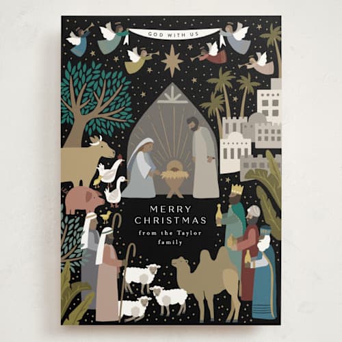 This is a midnight holiday photo cards with standard by Alethea and Ruth called god with us nativity printing on signature in grand