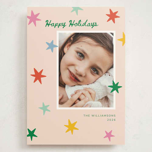 This is a pink sky holiday photo cards with standard by Kristen Magee called star pop printing on signature in grand