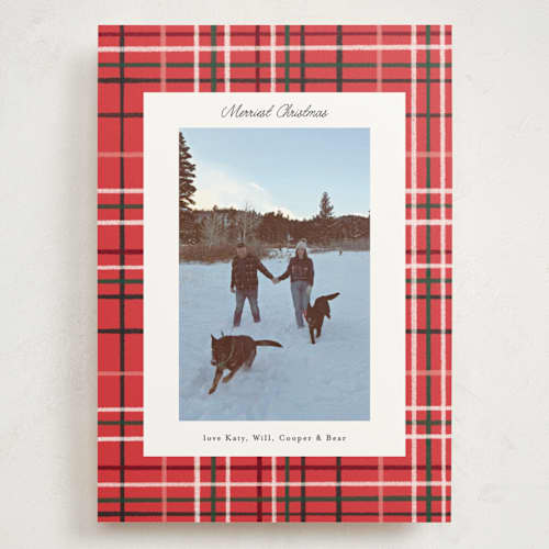 This is a poinsettia holiday photo cards with standard by Emily Sabol Goss called retro plaid printing on signature in grand