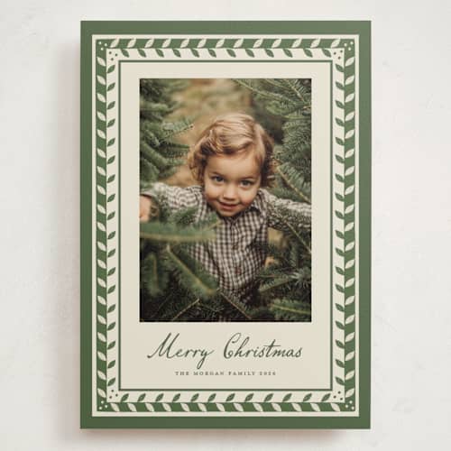 This is a pine holiday photo cards with standard by Maja Cunningham called linocut frame printing on signature in grand
