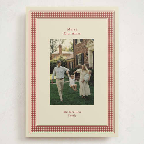 This is a cranberry holiday photo cards with standard by Ellen Schlegelmilch called gingham ribbon printing on signature in grand