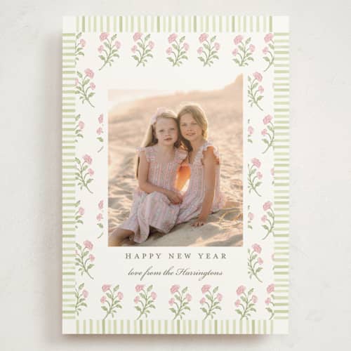 This is a candy holiday photo cards with standard by Sarah Knight called block print florals printing on signature in grand