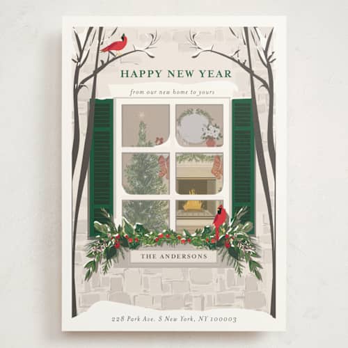 This is a pine holiday photo cards with standard by Susan Moyal called holiday window printing on signature in grand