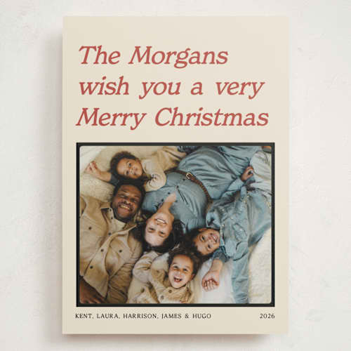 This is a cream holiday photo cards with standard by Robert and Stella called holiday headline printing on signature in grand
