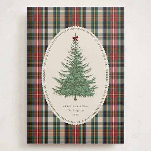 This is a peppermint holiday photo cards with standard by Heather Schertzer called plaid tree printing on signature in grand