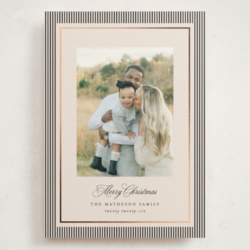 This is a linen foil stamped holiday cards with foil pressed by Kelly Schmidt called striped elegance printing on signature in grand