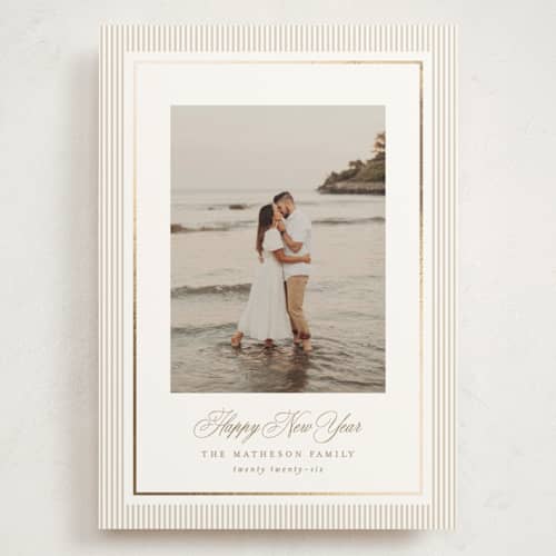 This is a tinsel foil stamped holiday cards with foil pressed by Kelly Schmidt called striped elegance printing on signature in grand