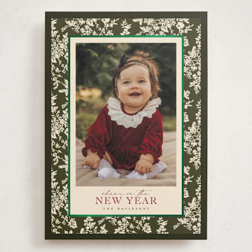 This is a pine foil stamped holiday cards with foil pressed by Jenna Holcomb called merry floral toile printing on signature in grand