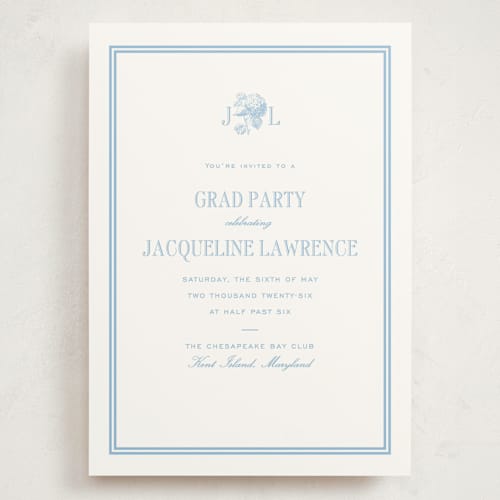 This is a sky blue graduation invitations with standard by Megan Davis called chesapeake printing on signature in grand