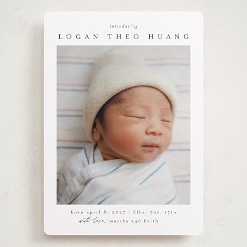 This is a sugar grand birth announcements with standard by Chris Griffith called frame of happiness printing on recycled smooth signature in grand