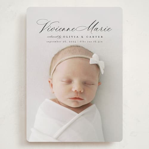 This is a noir grand birth announcements with standard by Ashlee Townsend called enchanted love printing on recycled smooth signature in grand