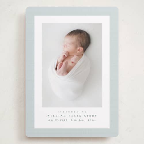 This is a powder grand birth announcements with standard by Lea Delaveris called linen frame printing on recycled smooth signature in grand