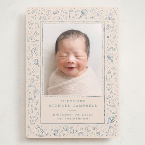 This is a bluebird grand birth announcements with standard by Creo Study called iconic bebe printing on recycled smooth signature in grand