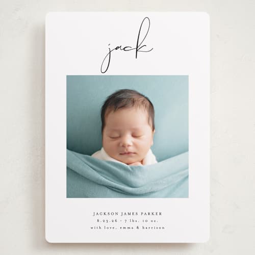 This is a midnight grand birth announcements with standard by Lehan Veenker called just me printing on recycled smooth signature in grand