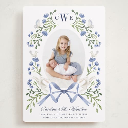 This is a bluebell grand birth announcements with standard by Alice Nelen called floral forest friends printing on recycled smooth signature in grand