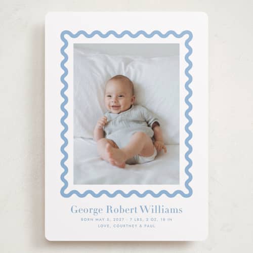 This is a bluebell grand birth announcements with standard by Megan Davis called ric rac printing on recycled smooth signature in grand