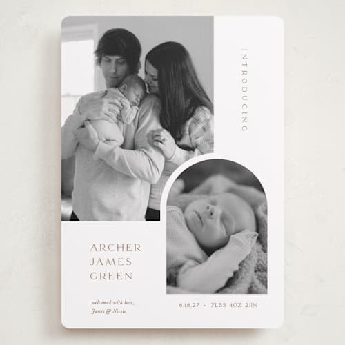 This is a cotton grand birth announcements with standard by Robin Ott called modern inset printing on recycled smooth signature in grand