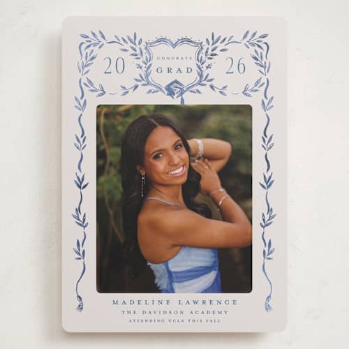 This is a indigo graduation announcements with standard by Petra Kern called grad crest printing on recycled smooth signature in grand
